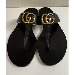 Gucci Marmont GG Thong Sandals in Black Leather Flats  EU 38 US 8 Authenticated
